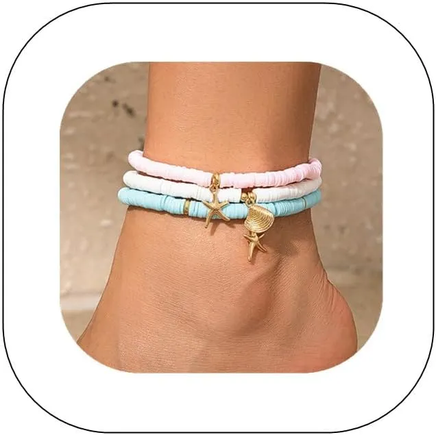 Bohemian Beaded Anklets Set Multilayered Shell Charm Pendant Foot Chain Boho Summer Beach Turquoise Conch Turtle Starfish Elastic Stackable Foot Jewelry for Women