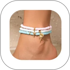 Bohemian Beaded Anklets Set Multilayered Shell Charm Pendant Foot Chain Boho Summer Beach Turquoise Conch Turtle Starfish Elastic Stackable Foot Jewelry for Women