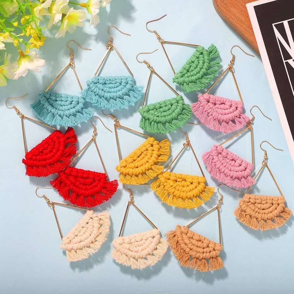 Bohemian Handmade Fan Shape Fringe Tassel Drop Dangle Earrings Fashion Boho Colorful Boho Statement Jewelry Gifts for Women