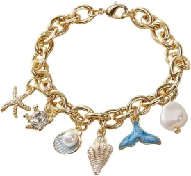 Bohemian Starfish Shell Pearl Conch Charm Bracelet for Women Gold Chunky Cuban Link Chain Boho Mermaid Rhinestone Seashell Pendant Anklet Bracelets Summer Hawaiian Ocean Beach Holiday Trendy Jewelry