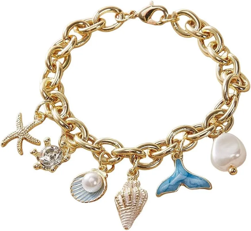 Bohemian Starfish Shell Pearl Conch Charm Bracelet for Women Gold Chunky Cuban Link Chain Boho Mermaid Rhinestone Seashell Pendant Anklet Bracelets Summer Hawaiian Ocean Beach Holiday Trendy Jewelry