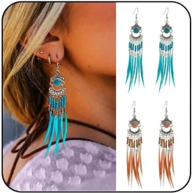 Boho Earrings Set Feather Tassel Silver Ethnic Retro Bohemian Dangle Earring Bead Women Jewelry for Birthday Party Gifts