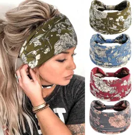Boho Headbands for Women Wide African Headband Elastic Yoga Turban Hair Scarfs Workout Printed Hair Accessories for Women and Girls 4 Pack
