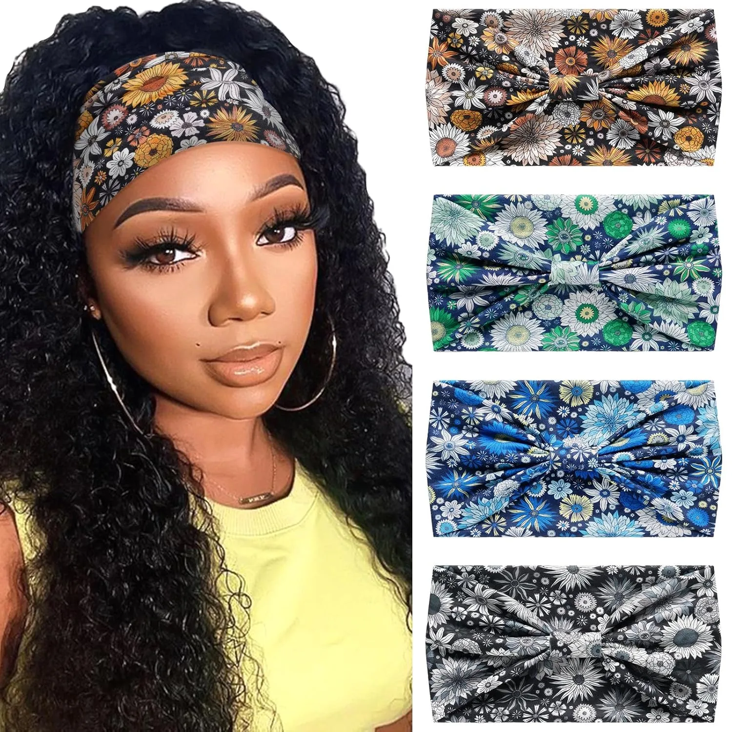 Boho Headbands for Women Wide Twist Knotted Elastic Non-Slip Head Bands for Women's Hair Soft Floral Pattern Headwraps Thick African Hair Bands Yoga Gym Bandanas Accessories 4 Pack