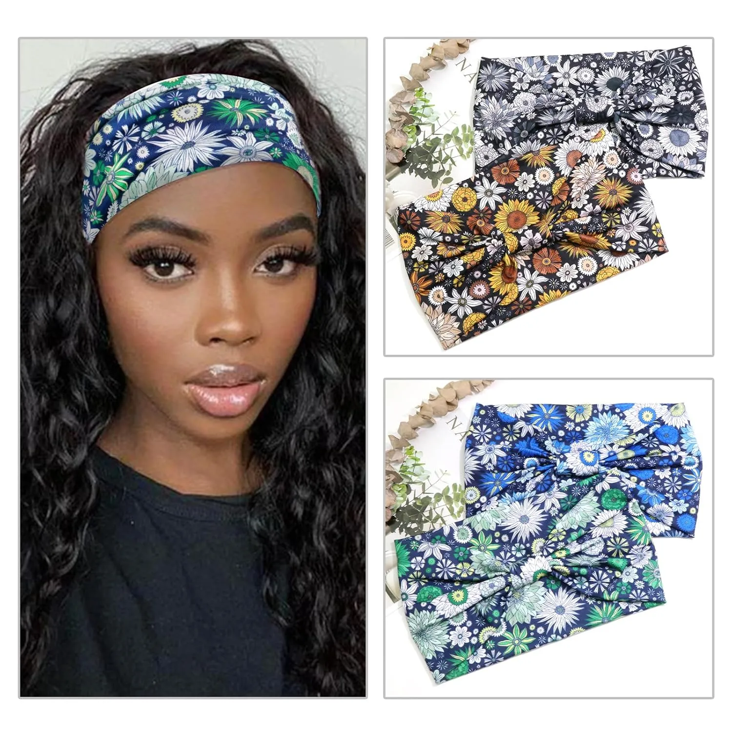 Boho Headbands for Women Wide Twist Knotted Elastic Non-Slip Head Bands for Women's Hair Soft Floral Pattern Headwraps Thick African Hair Bands Yoga Gym Bandanas Accessories 4 Pack