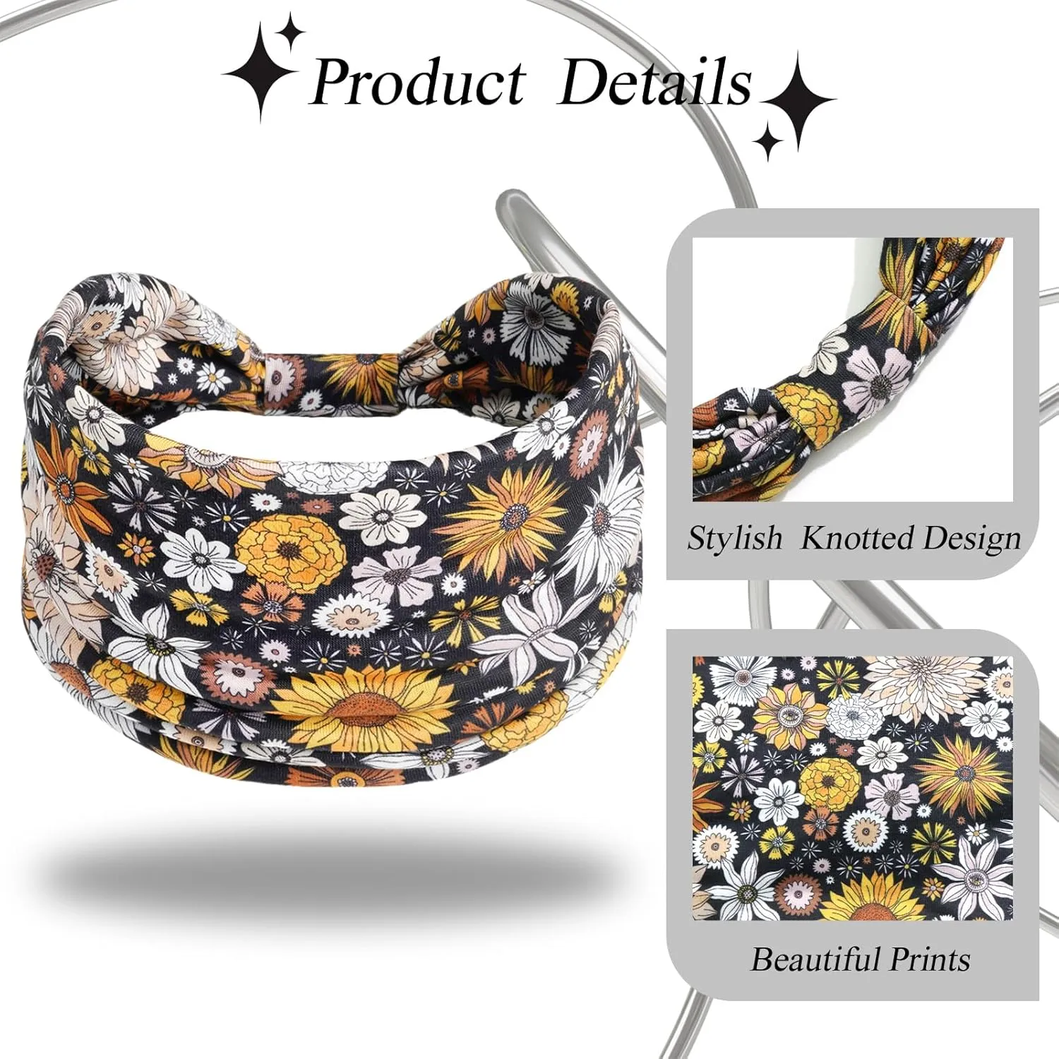 Boho Headbands for Women Wide Twist Knotted Elastic Non-Slip Head Bands for Women's Hair Soft Floral Pattern Headwraps Thick African Hair Bands Yoga Gym Bandanas Accessories 4 Pack