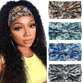 Boho Headbands for Women Wide Twist Knotted Elastic Non-Slip Head Bands for Women's Hair Soft Floral Pattern Headwraps Thick African Hair Bands Yoga Gym Bandanas Accessories 4 Pack