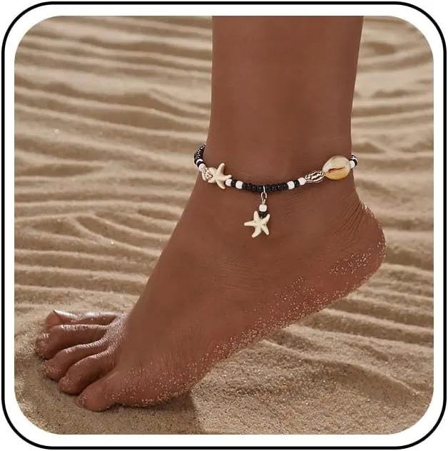 Boho Starfish Anklet Bracelet Conch Shell Beaded Foot Anklet Starfish Shell Feet Chain Black Beaded Chain Foot Chain Summer Beach Rice Beads Foot Chain Jewelry for Women