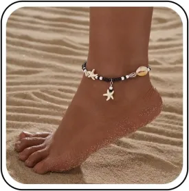 Boho Starfish Anklet Bracelet Conch Shell Beaded Foot Anklet Starfish Shell Feet Chain Black Beaded Chain Foot Chain Summer Beach Rice Beads Foot Chain Jewelry for Women