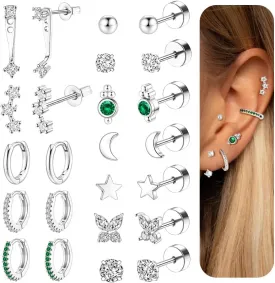 CASDAN 14K Dainty Gold Flat Back Earrings for Women Hypoallergenic Cartilage Earrings for Sensitive Ears 20G Surgical Steel Stud Earrings for Multiple Piercing Small Hoop Flatback Stud Earrings Set