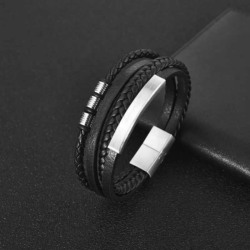 Charm Leather Bracelet Men Hiphop Jewelry Stainless SteelLeather Bracelet