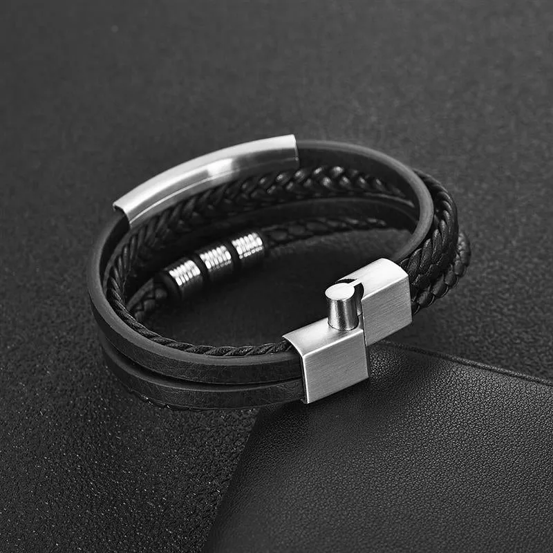 Charm Leather Bracelet Men Hiphop Jewelry Stainless SteelLeather Bracelet