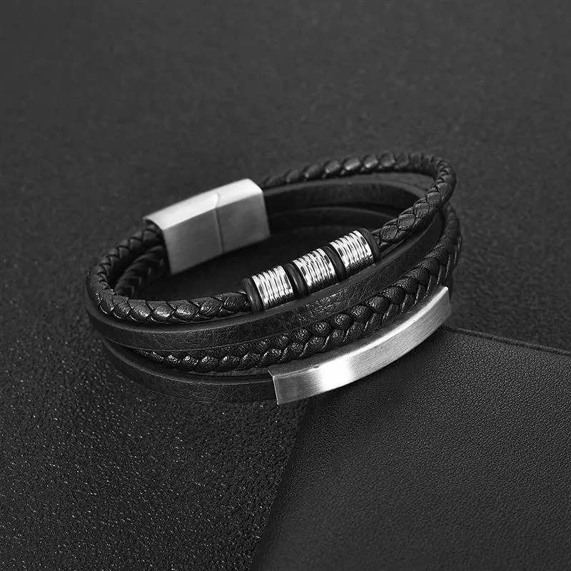 Charm Leather Bracelet Men Hiphop Jewelry Stainless SteelLeather Bracelet