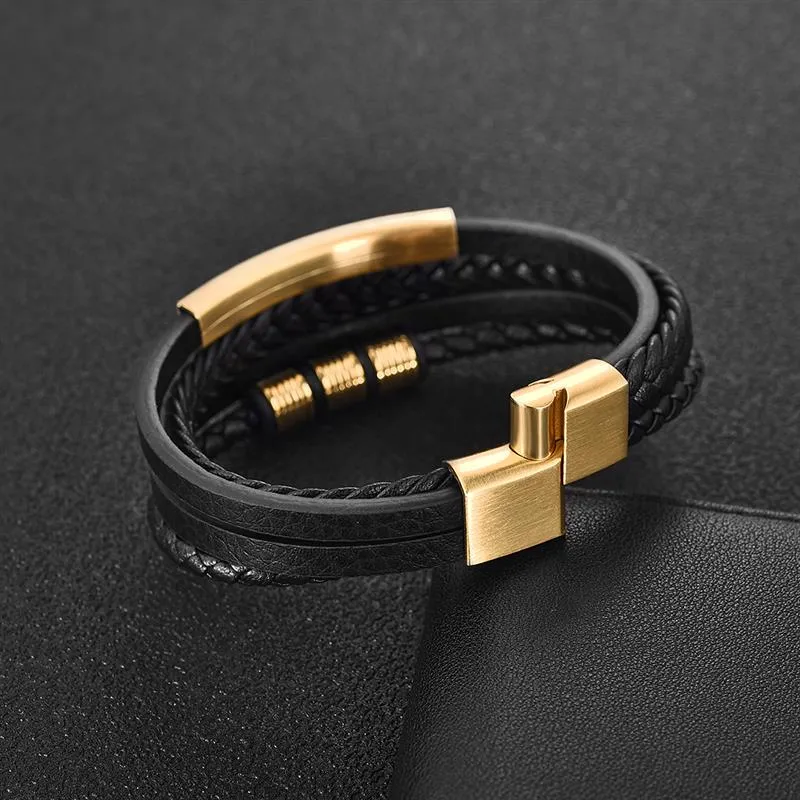 Charm Leather Bracelet Men Hiphop Jewelry Stainless SteelLeather Bracelet
