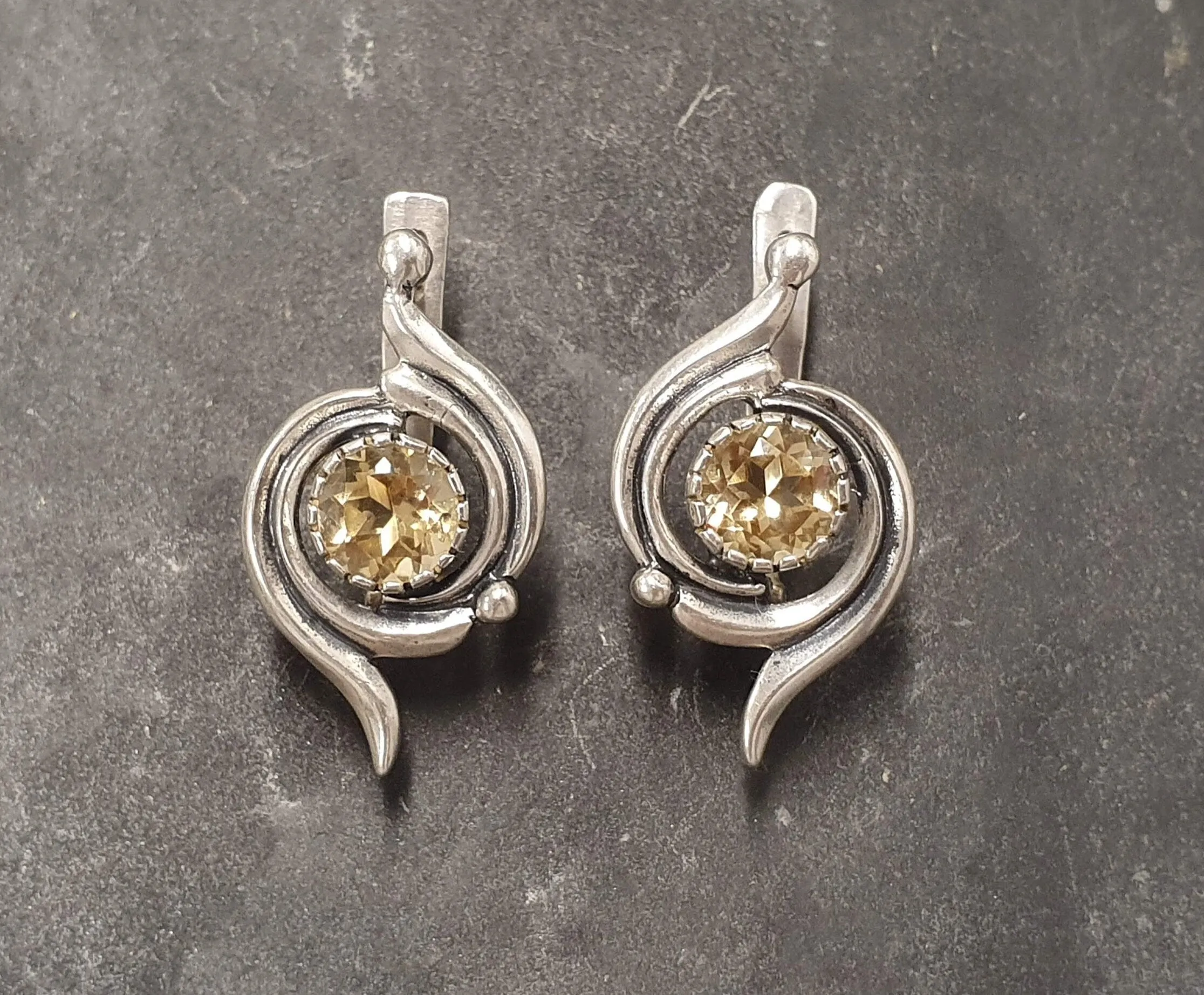 Citrine Earrings - Yellow Swirl Studs - Vintage Statement Earrings