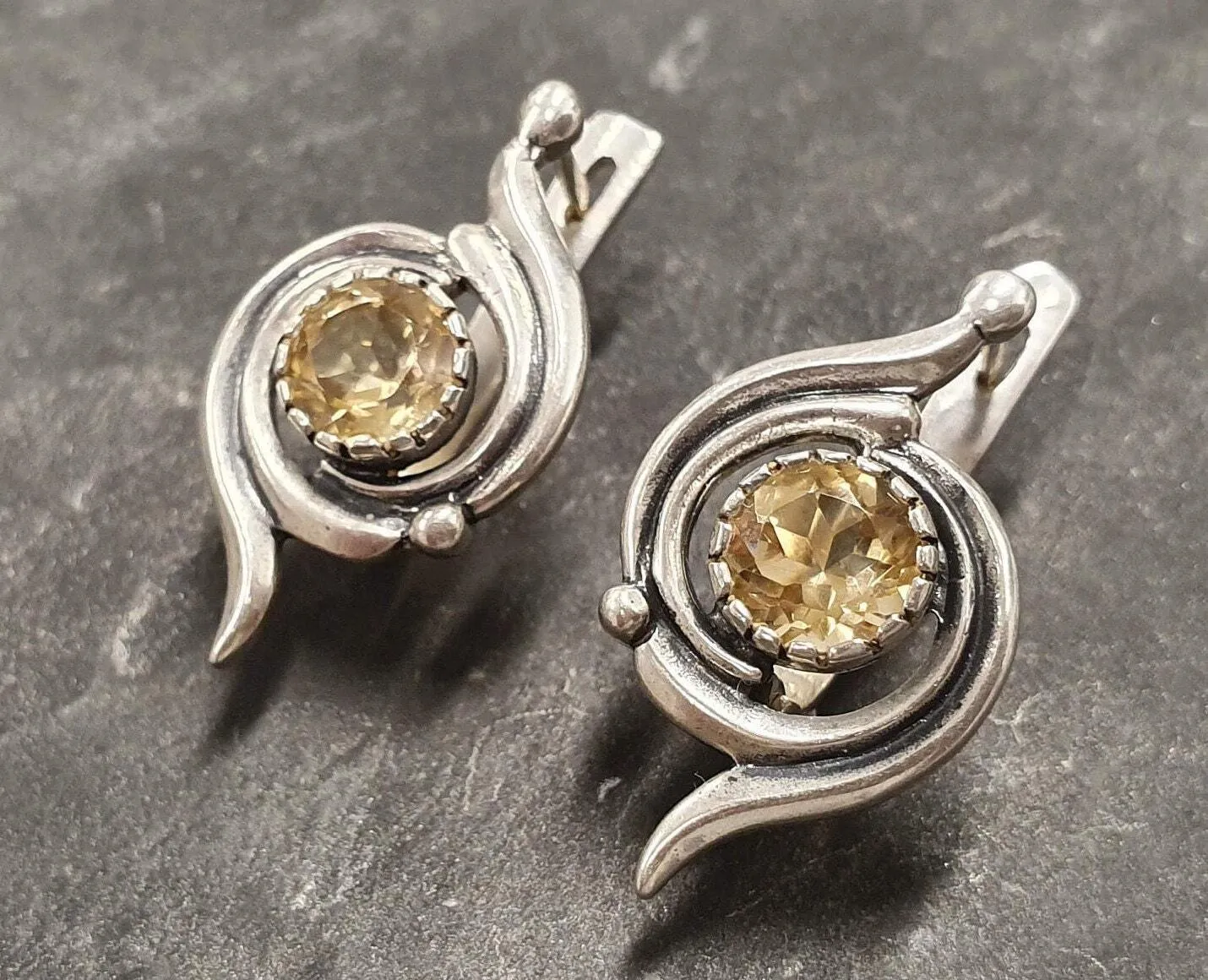 Citrine Earrings - Yellow Swirl Studs - Vintage Statement Earrings