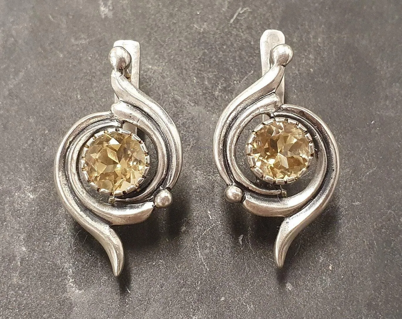 Citrine Earrings - Yellow Swirl Studs - Vintage Statement Earrings