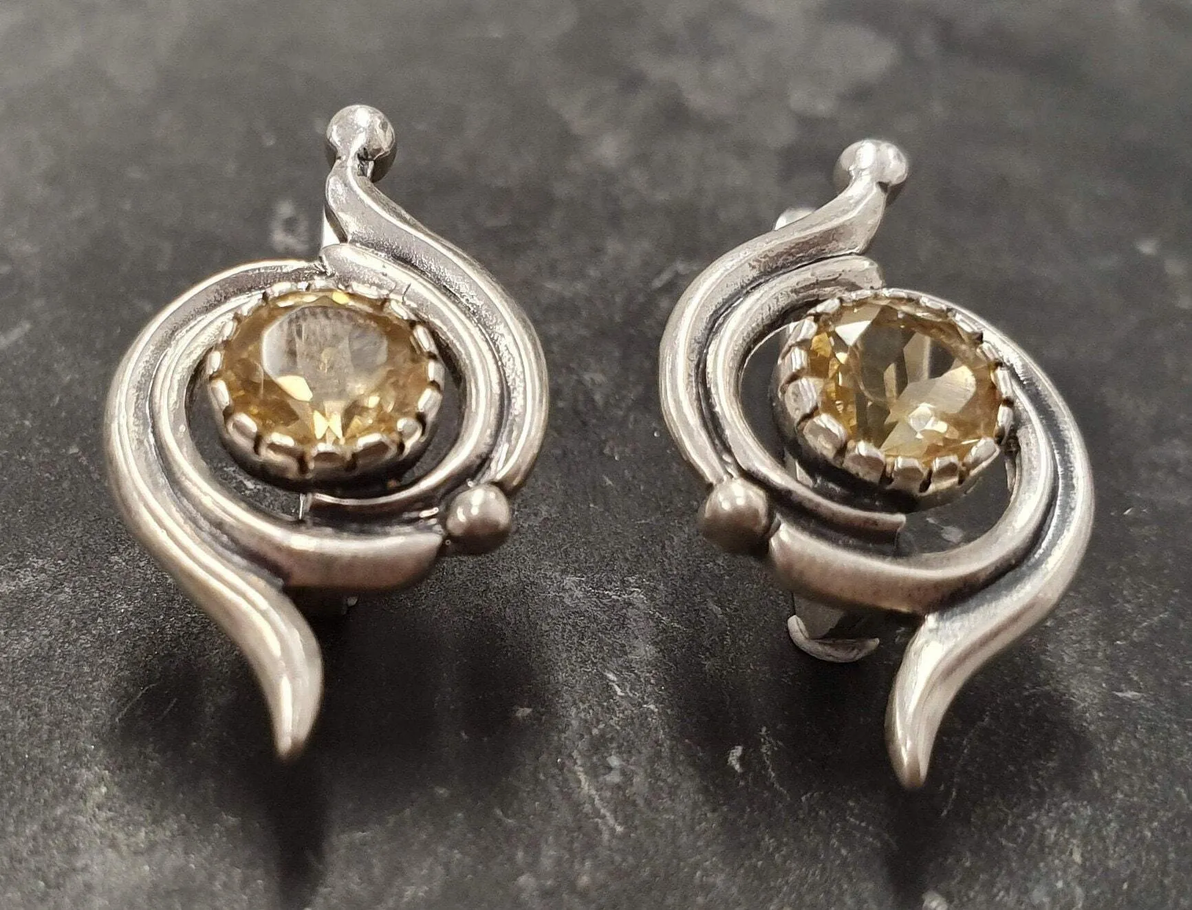 Citrine Earrings - Yellow Swirl Studs - Vintage Statement Earrings