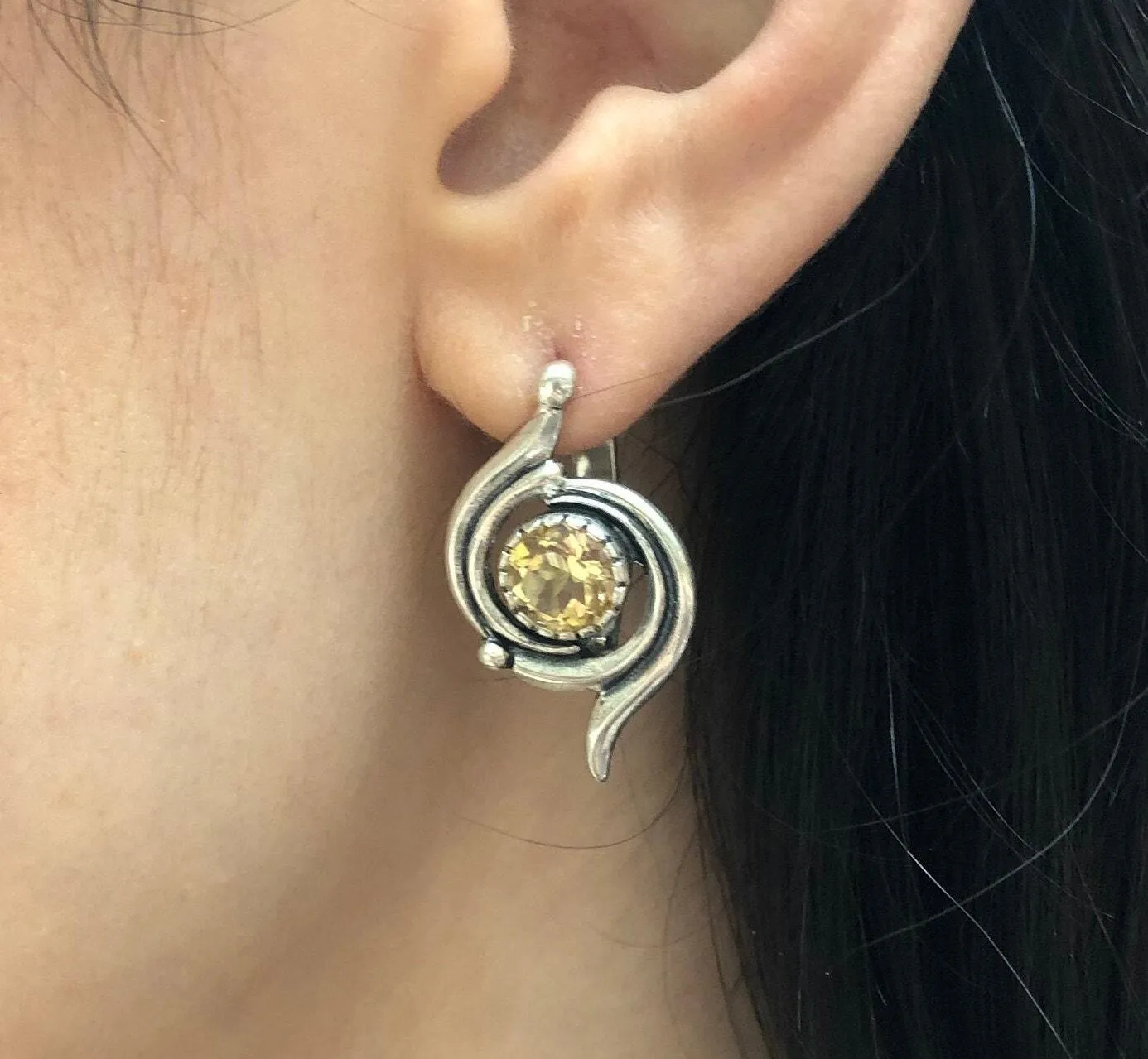 Citrine Earrings - Yellow Swirl Studs - Vintage Statement Earrings