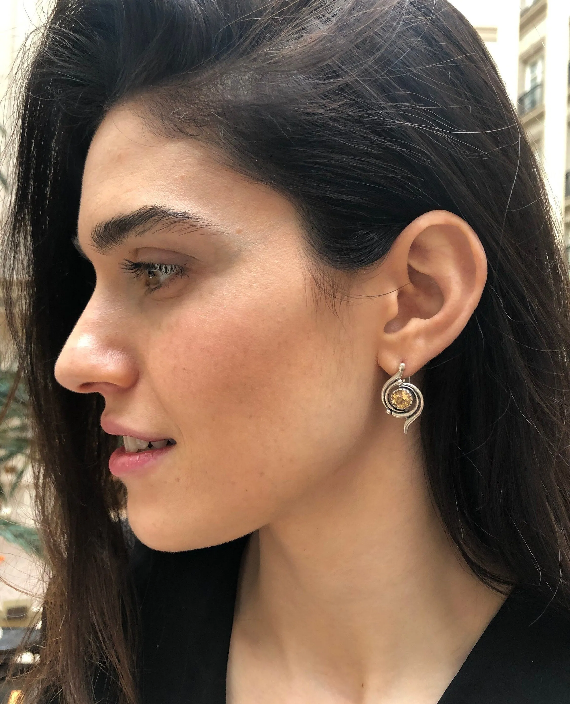 Citrine Earrings - Yellow Swirl Studs - Vintage Statement Earrings
