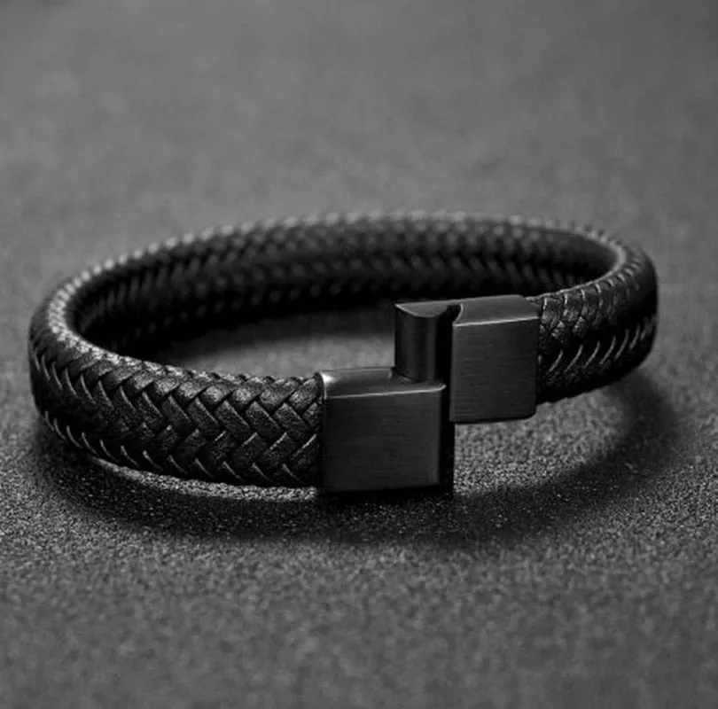 Classic Black Leather Bracelet Metal Magnetic Clasp Fashion Bracelet