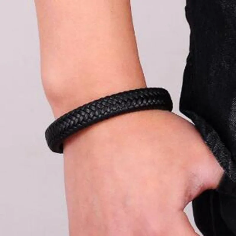 Classic Black Leather Bracelet Metal Magnetic Clasp Fashion Bracelet