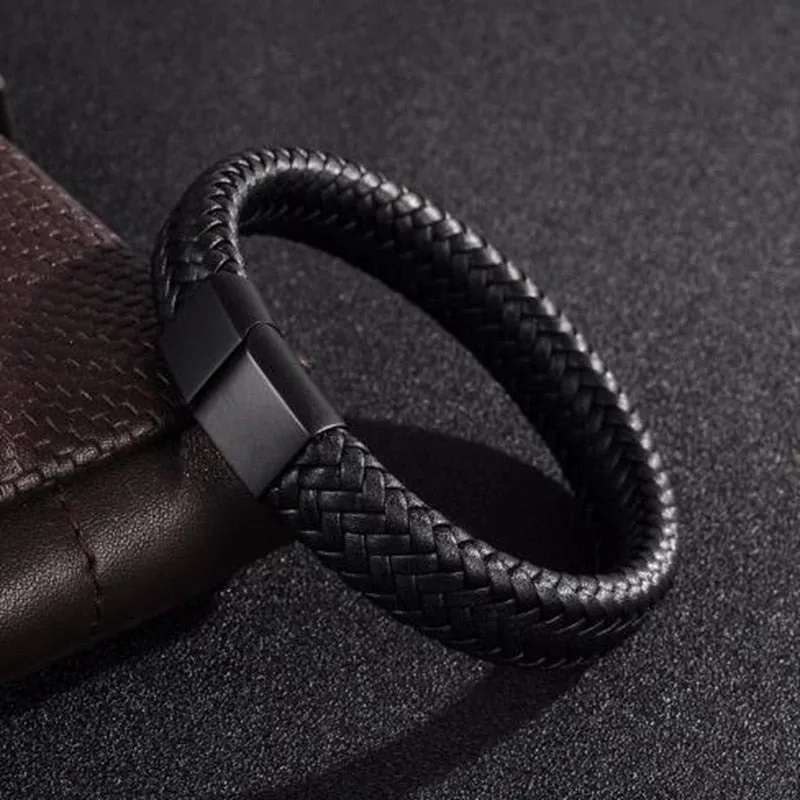 Classic Black Leather Bracelet Metal Magnetic Clasp Fashion Bracelet