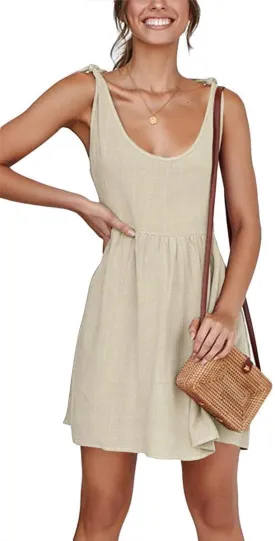CNJFJ Womens Summer Shoulder Tie Strap Babydoll Dress Casual Scoop Neck A-Line Skater Swing Mini Sundress