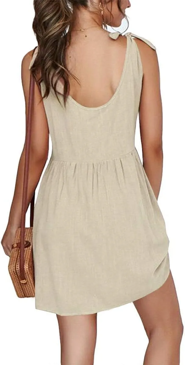 CNJFJ Womens Summer Shoulder Tie Strap Babydoll Dress Casual Scoop Neck A-Line Skater Swing Mini Sundress