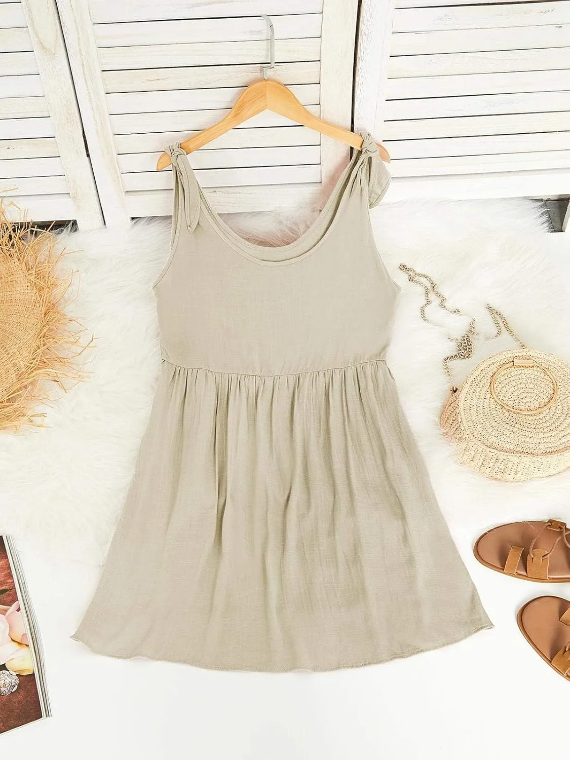 CNJFJ Womens Summer Shoulder Tie Strap Babydoll Dress Casual Scoop Neck A-Line Skater Swing Mini Sundress