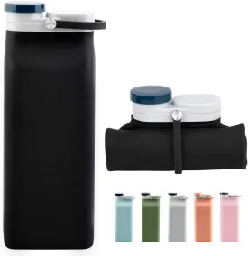 Collapsible Water Bottle BPA Free - 20 oz Foldable Water Bottle for Travel Sports Bottles with Triple Leak Proof Lightweight (Black)