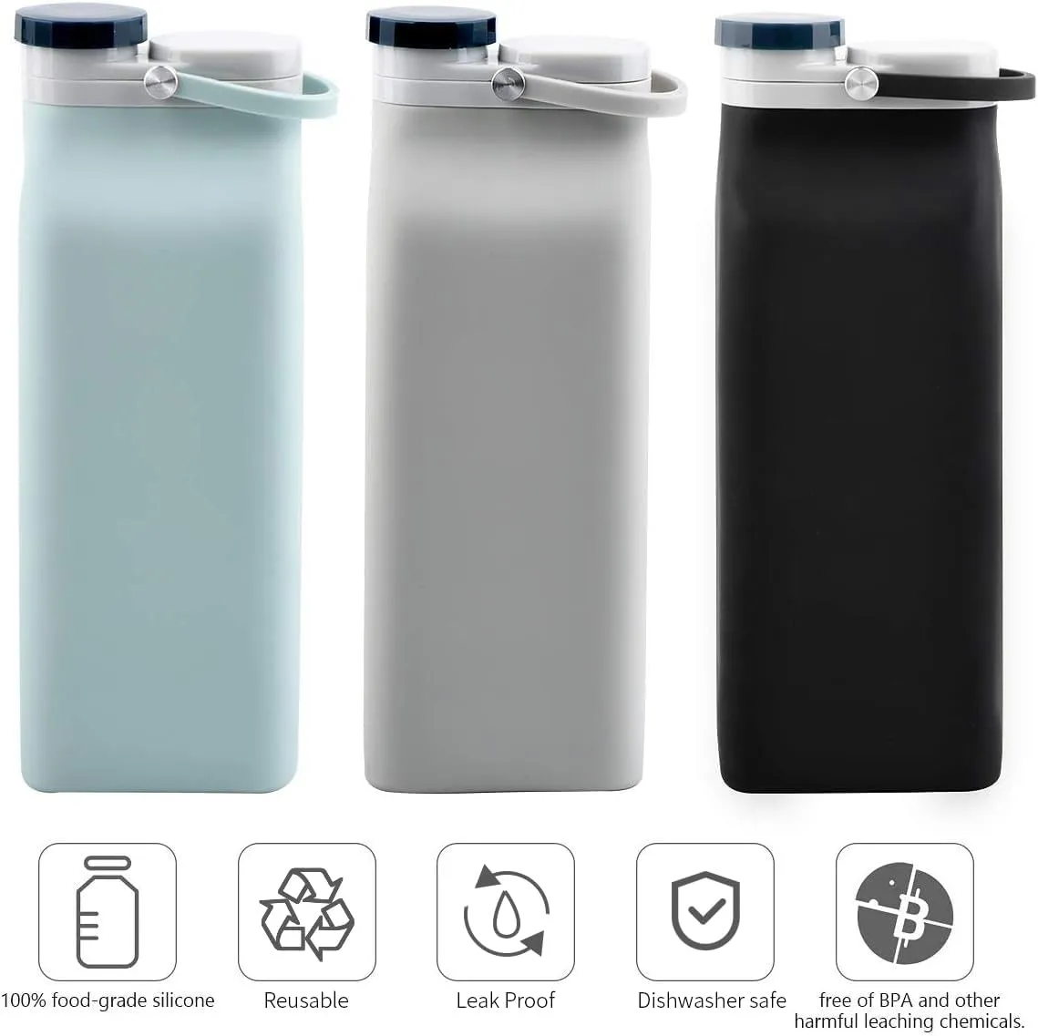 Collapsible Water Bottle BPA Free - 20 oz Foldable Water Bottle for Travel Sports Bottles with Triple Leak Proof Lightweight (Black)