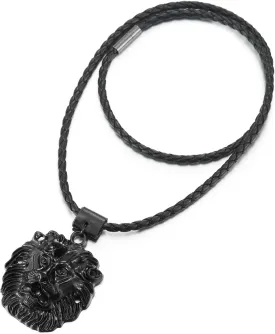 COOLSTEELANDBEYOND Black Lion Head Pendant Necklace for Men, Black Leather Necklace Braided