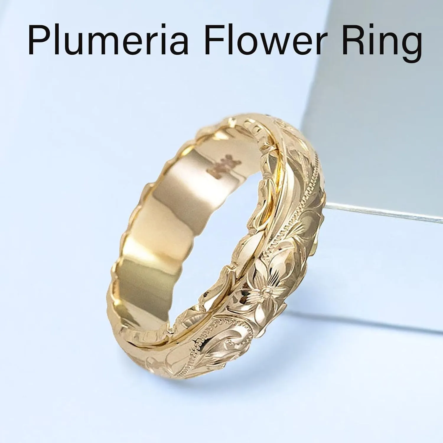 Dainty Engraved Plumeria Flower Ring, 14K Gold Plated Hawaiian Princess Plumeria Flower Scroll Promise Ring Stackable Wedding Engagement Band Jewelry for Women or Men