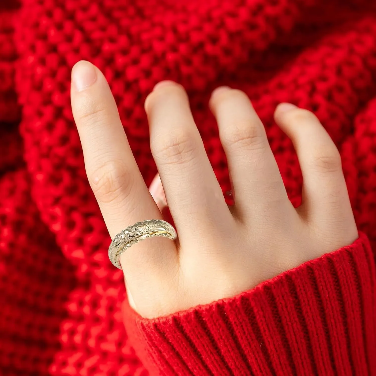 Dainty Engraved Plumeria Flower Ring, 14K Gold Plated Hawaiian Princess Plumeria Flower Scroll Promise Ring Stackable Wedding Engagement Band Jewelry for Women or Men