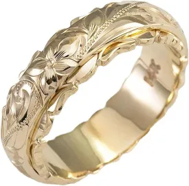 Dainty Engraved Plumeria Flower Ring, 14K Gold Plated Hawaiian Princess Plumeria Flower Scroll Promise Ring Stackable Wedding Engagement Band Jewelry for Women or Men