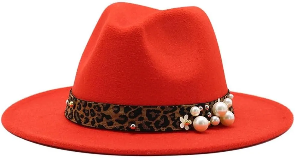 DHAEY Fashion Leopard Texture Pearl Wool Hat Men and Women Jazz Hat Autumn and Winter Versatile Felt Hat Flat Brim Hat with Leopard Belt Luopan Caps & Hats (Color : Orange red, Size : 56-58cm)