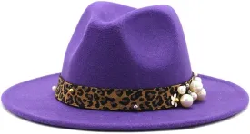 DHAEY Fashion Leopard Texture Pearl Wool Hat Men and Women Jazz Hat Autumn and Winter Versatile Felt Hat Flat Brim Hat with Leopard Belt Luopan Caps & Hats (Color : Purple, Size : 59-61cm)