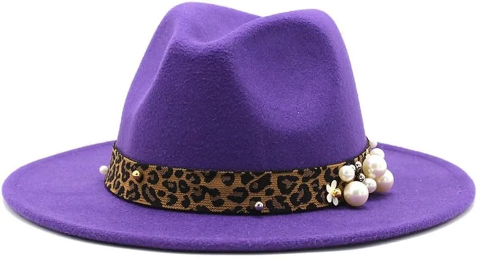 DHAEY Fashion Leopard Texture Pearl Wool Hat Men and Women Jazz Hat Autumn and Winter Versatile Felt Hat Flat Brim Hat with Leopard Belt Luopan Caps & Hats (Color : Purple, Size : 59-61cm)