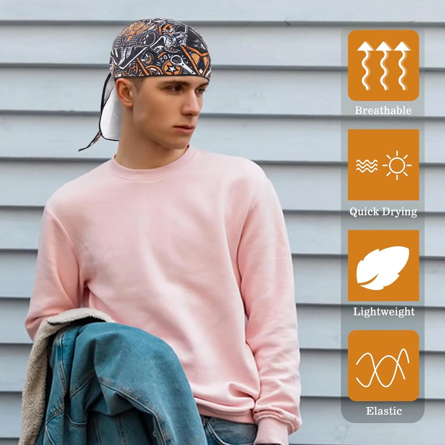 DOCILA 2 Pcs Do Rags for Men Skull Cap Fashion Print Helmet Liner Bandana Beanie Sweat Motorcycle Cycling Sports Accessories