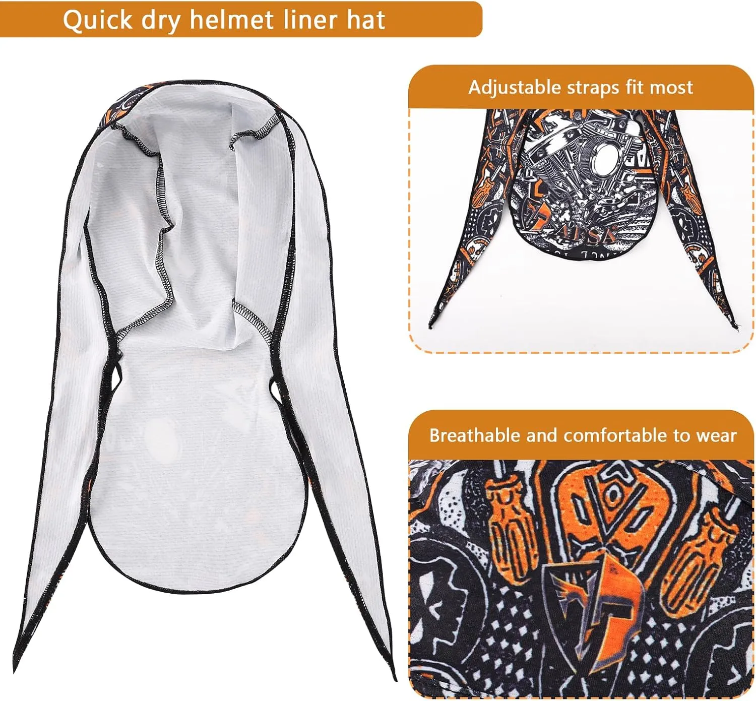 DOCILA 2 Pcs Do Rags for Men Skull Cap Fashion Print Helmet Liner Bandana Beanie Sweat Motorcycle Cycling Sports Accessories