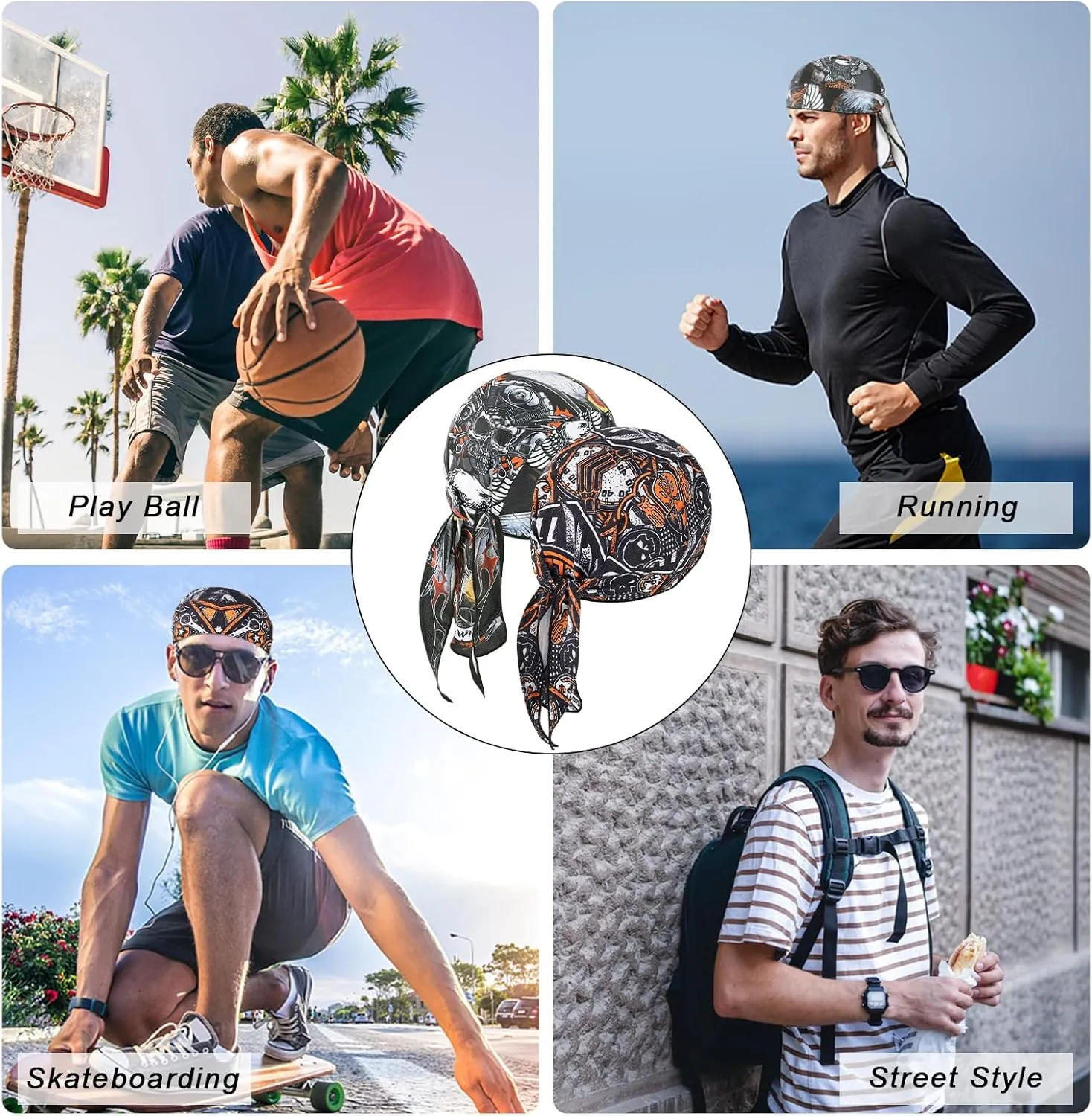 DOCILA 2 Pcs Do Rags for Men Skull Cap Fashion Print Helmet Liner Bandana Beanie Sweat Motorcycle Cycling Sports Accessories