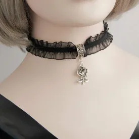 Doubnine Lace Choker Collar Black Retro Gothic Rose Pendant Punk Vintage Lolita 90s Necklace Handmade Victorian Wedding Accessories for Women