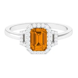 Emerald Cut Citrine and Diamond Statement Engagement Ring