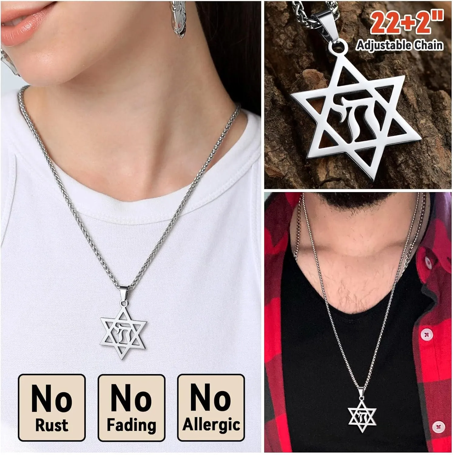 FaithHeart David of Star Necklace for Men Women, Jewish Star Pendant Necklace Stainless Steel Hebrew Amulet Jewelry, Gift Box