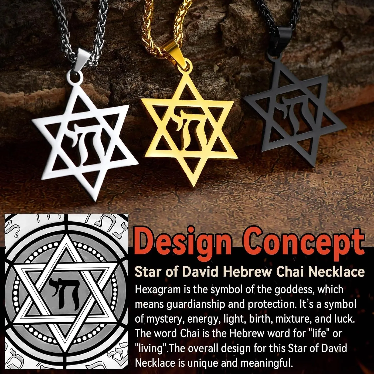 FaithHeart David of Star Necklace for Men Women, Jewish Star Pendant Necklace Stainless Steel Hebrew Amulet Jewelry, Gift Box