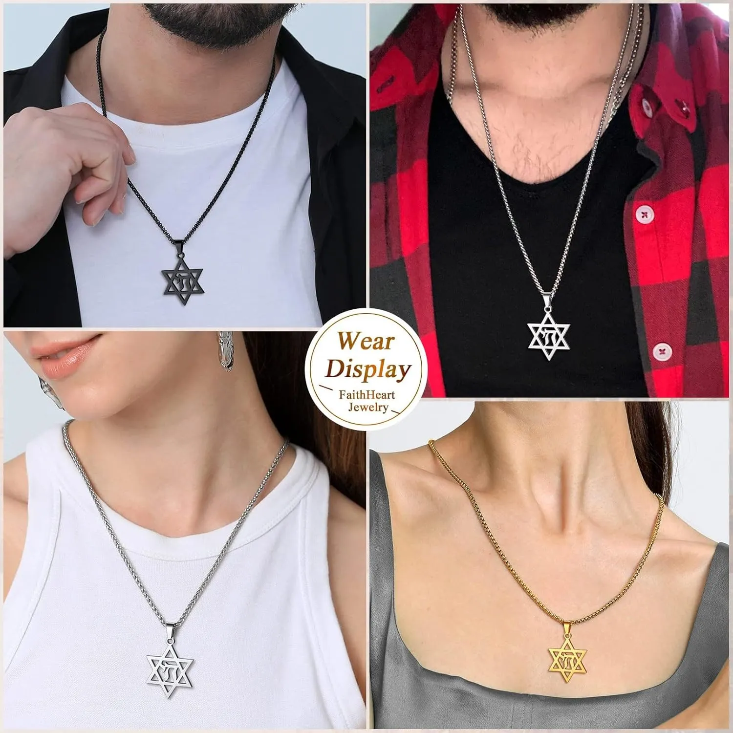 FaithHeart David of Star Necklace for Men Women, Jewish Star Pendant Necklace Stainless Steel Hebrew Amulet Jewelry, Gift Box