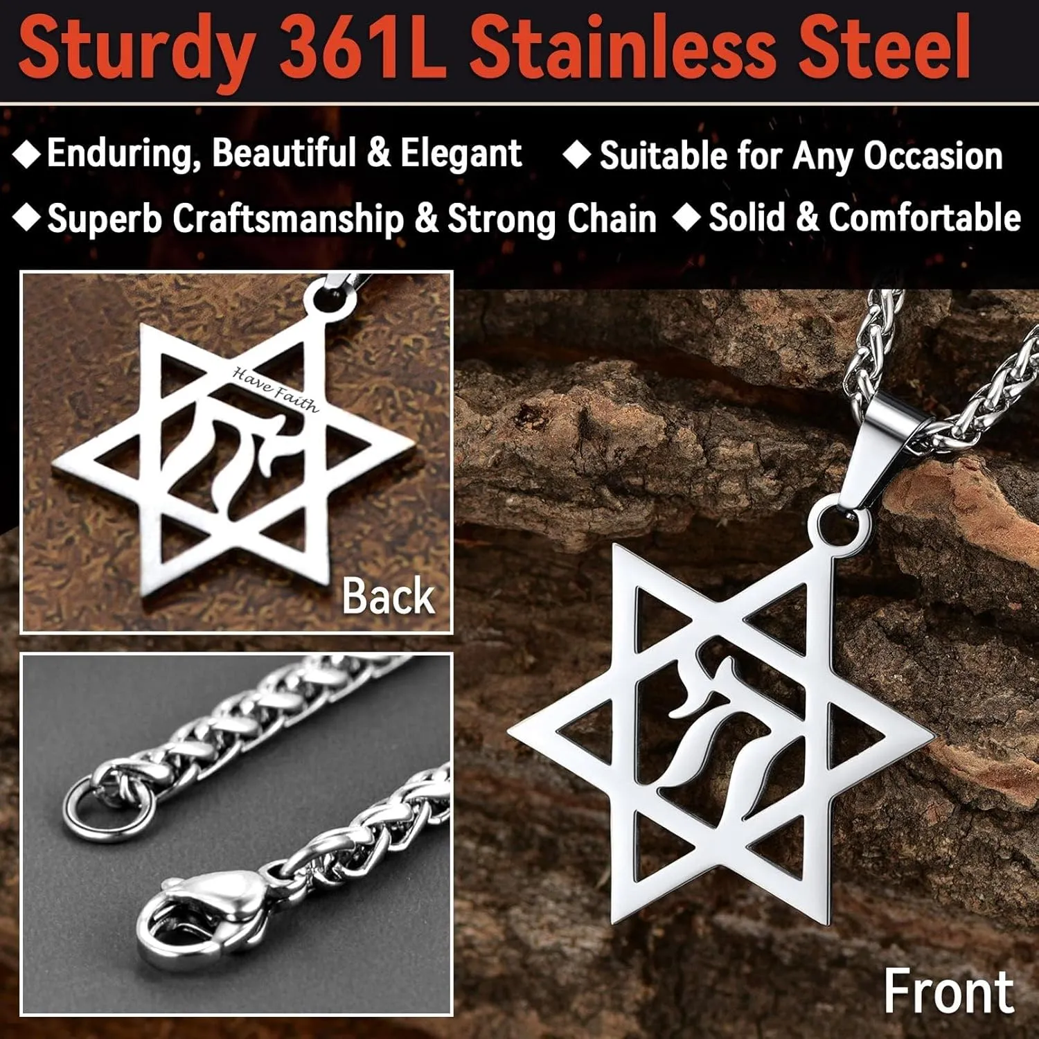 FaithHeart David of Star Necklace for Men Women, Jewish Star Pendant Necklace Stainless Steel Hebrew Amulet Jewelry, Gift Box
