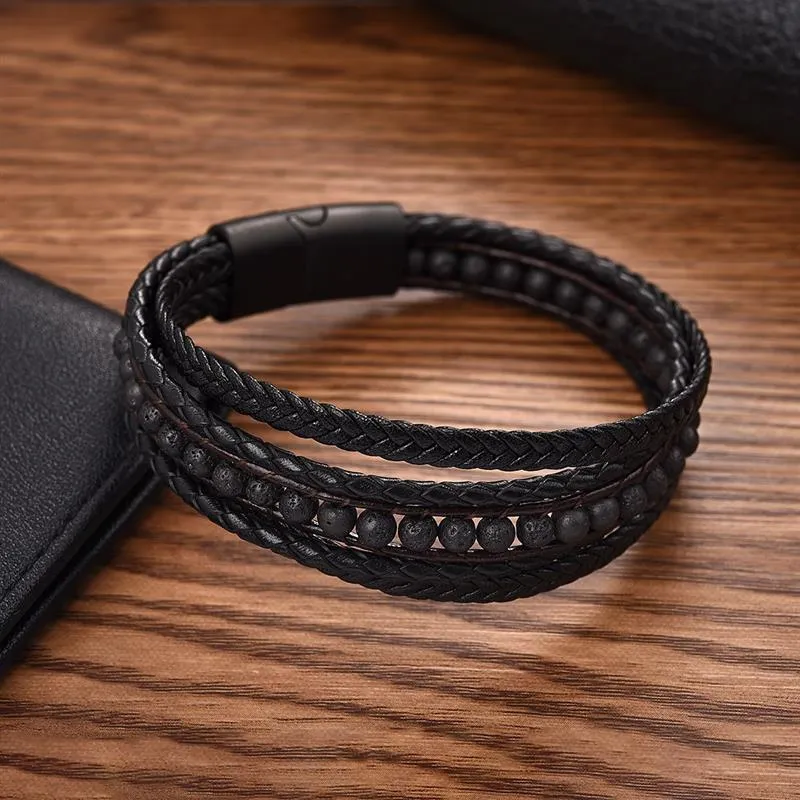 Fashion Natural Stone Beads Men Bracelet Multilayer Leather Bracelet