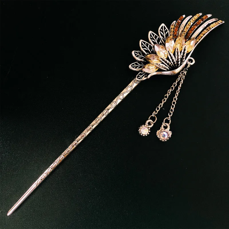 Feather Rhinestone  Long Tassel Super Fairy Retro Hanfu Ancient Costume Coil Hair Headdress Bride Hairpin